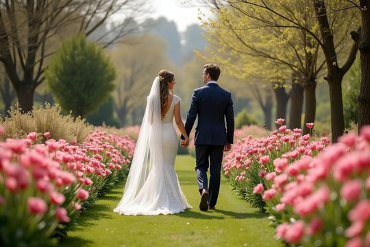 Capturing Love: Bride and Groom Strolling Through a Blooming Flower Garden on a Sunny Spring Day