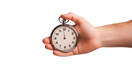 Hand holding a stopwatch with a white face and silver metal casing isolated on transparent background	