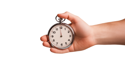 Hand holding a stopwatch with a white face and silver metal casing isolated on transparent background	