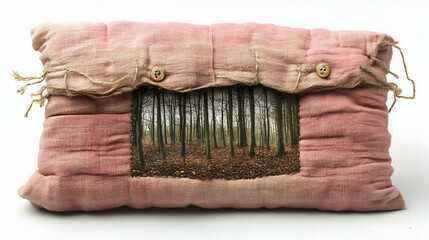 A quilted pillow, featuring a  forest scene embroidered on a blush pink fabric.  The pillow's exterior is constructed of a textured, quilted fabric, with a window showcasing a landscape of trees