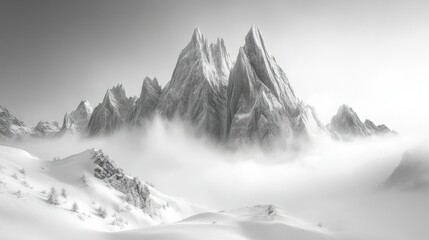 Majestic snow-capped peaks pierce a misty mountain landscape
