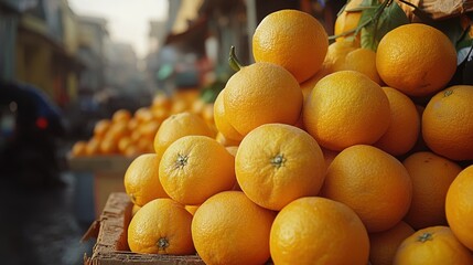 Market scene with fresh oranges stacked in crates during early morning hours in a bustling city