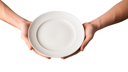Two hands holding a simple white plate in a presentation gesture isolated on transparent background	
