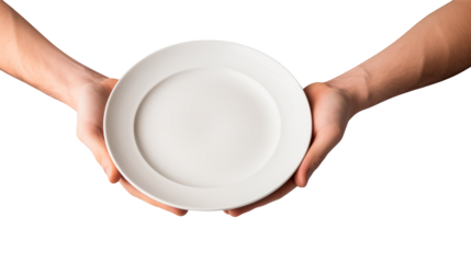 Two hands holding a simple white plate in a presentation gesture isolated on transparent background	