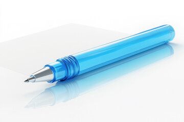 A blue pen positioned on a smooth surface next to a blank sheet of paper, illustrating the concept of writing, creativity, and potential for expression in modern life.