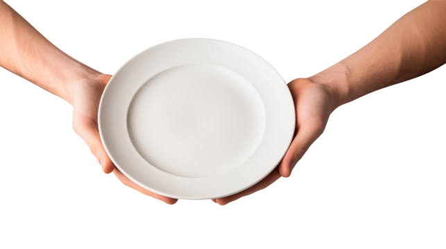 Two hands holding a simple white plate in a presentation gesture isolated on transparent background	