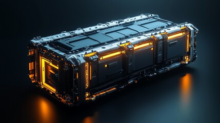 Modern Electric Car Battery Pack Isolated on Dark Background, Eco-friendly Automotive Technology