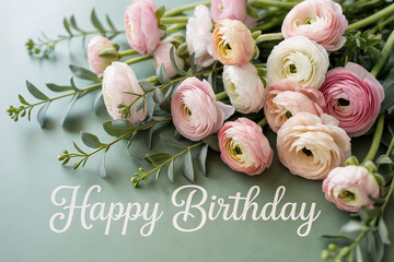 Happy Birthday greeting card with delicate  ranunculus flowers  arrangement.