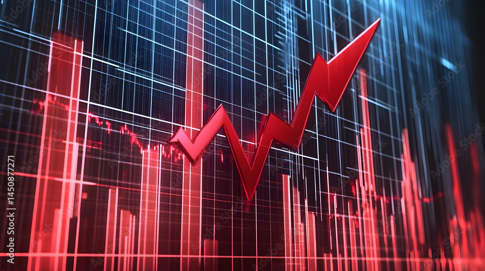 Poster a large red arrow points downwards over a gridded financial chart showing a sharp decline in value, 