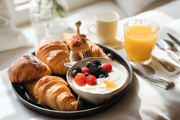 A delicious breakfast spread, featuring croissants, yogurt with berries and a glass of orange juice, captured in natural light