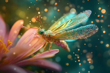 Close up of a shimmering butterfly resting on a pink flower with bokeh lights background