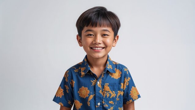 Thai boy smiling brightly in a patterned blue shirt, showcasing joy and confidence - Powered by Adobe