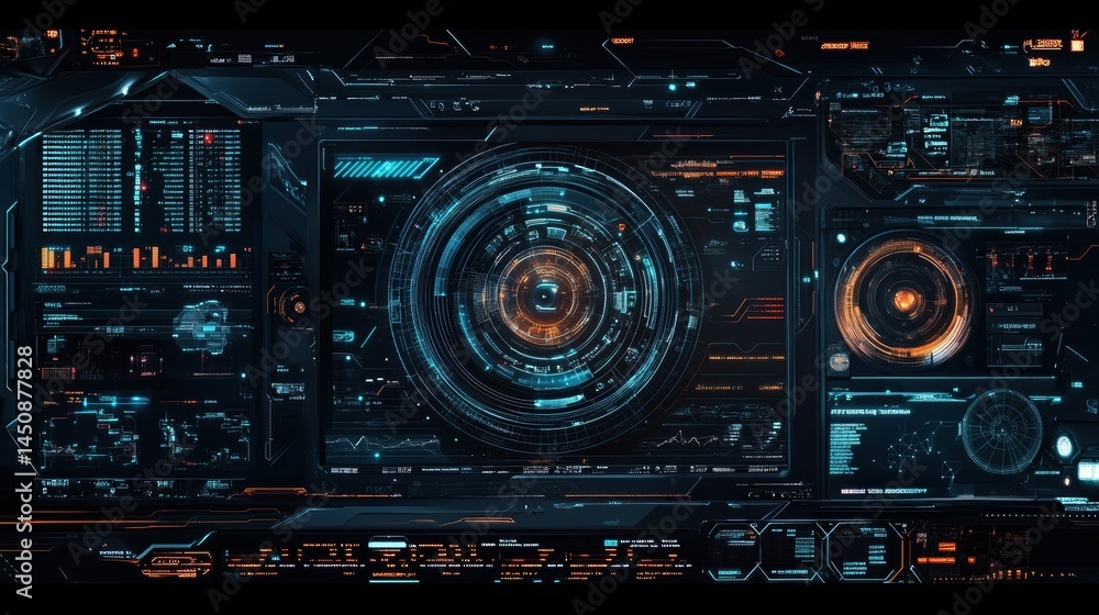 Poster futuristic digital interface with data visualization in a high-tech environment, depicting a concept