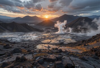 Fototapeta premium Epic volcanic valley at golden hour with active steaming geysers, cracked earth, colorful mineral deposits and distant mountains under moody skies Generative AI