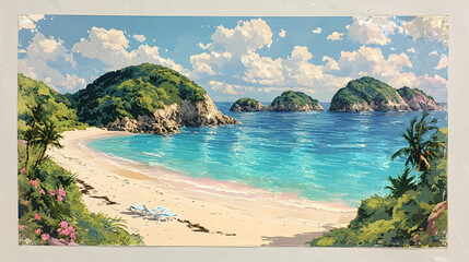 Serene beach cove nestled between lush green islands under a bright sunny sky Two lounge chairs sit empty on the prist