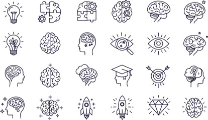 Mind, brain concept line icon set. Vector pictograms of mental processes, learning, creativity, problem-solving, mindfulness, memory, cognitive development, abstract thinking 