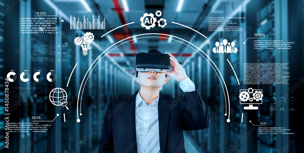 Poster businessman with headset standing at data center while using ai assistance. project manager looking 