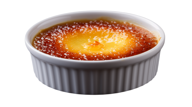 Close up view of crème brûlée in a white ramekin dish on a surface isolated on transparent background	
