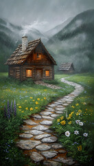 cabin, mountain, flower, lane, beautiful scenery, generative ai