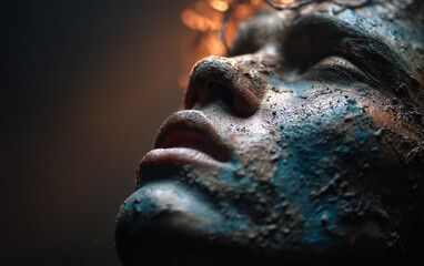 closeup of male face covered in cracked dried mud showing emotional expression and natural texture dramatic lighting on human skin with rough earth dirt and clay surface details for portrait concept
