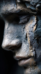 closeup of male face covered in cracked dried mud showing emotional expression and natural texture dramatic lighting on human skin with rough earth dirt and clay surface details for portrait concept
