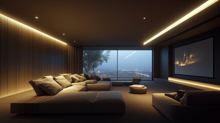 Ultra Modern Minimalist Home Theater with Comfortable Seating and Dim Lighting