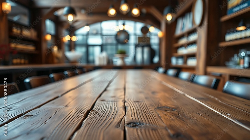 Poster empty wooden table rustic and blurred background of bar or pub for product display high quality phot