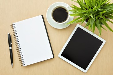 Atop a wooden office desk, a pen and blank notebook are situated, viewed from the top down in a flat lay composition