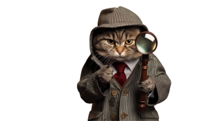 A cat dressed as a detective holding a magnifying glass isolated on transparent background	