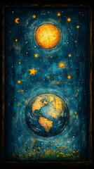 Celestial artwork depicting the sun, earth, and moon against a starry night sky.  Earth is centrally positioned, with the sun above and the moon in the upper left corner.  Stars and small