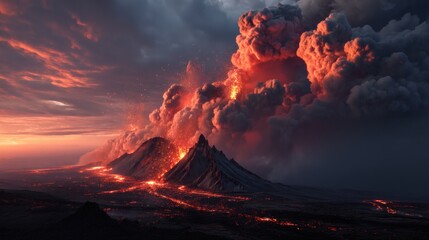 Fototapeta premium An active volcano erupting during a dramatic sunset, with lava flowing down its sides, creating a powerful and awe-inspiring scene