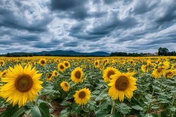 Obraz premium Cloudy Sunflower Field Scenic Beauty Landscape 