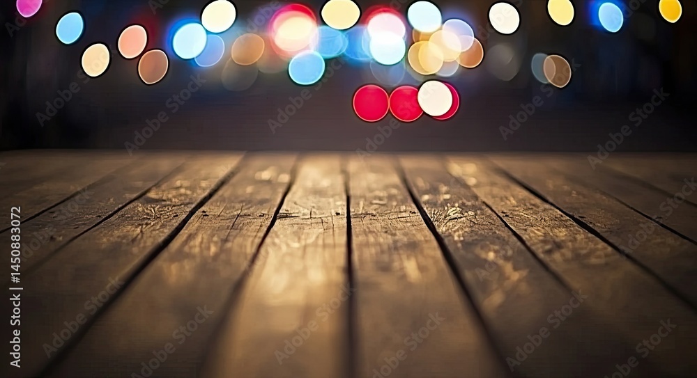 Poster an empty wood table is positioned in a blurred room with an office setting and a window that looks o
