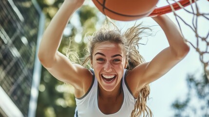 Front view an excited woman basketball player doing midair dunk while smiling and happy