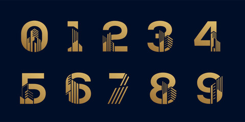 Set of vector logo designs for 0 to 9 with building or architect in luxury colors