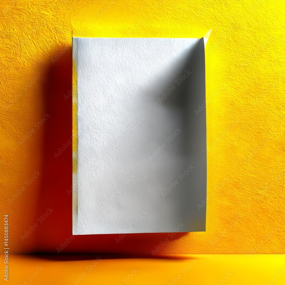 Poster blank canvas on textured yellow: a minimalist composition for creativity and visual appeal.