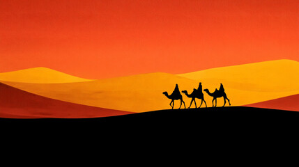 Desert landscape with camel caravan silhouette at sunset travel and tourism background image