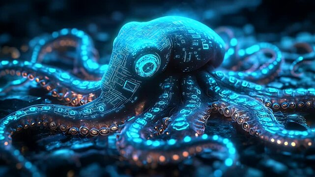 Glowing tech octopus underwater