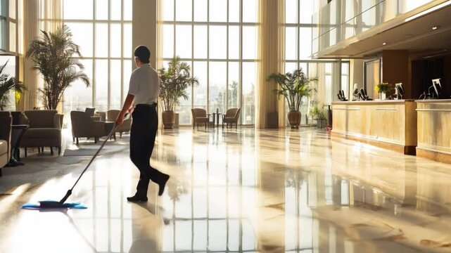 Close-up of a janitor mopping a shiny office floor with indoor plants and modern furniture