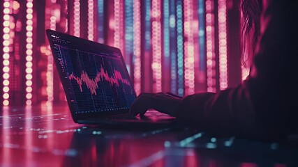 Person analyzing stock market trends on a laptop in a brightly lit server room - Powered by Adobe