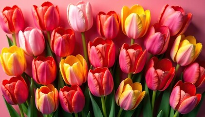 Fototapeta premium Bold, stylized tulips arranged in square grid , surface, spring, wallpaper