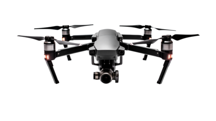 A silver drone with propellers and a camera isolated on transparent background	