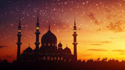 Silhouette Mosque At Sunset With Starry Sky