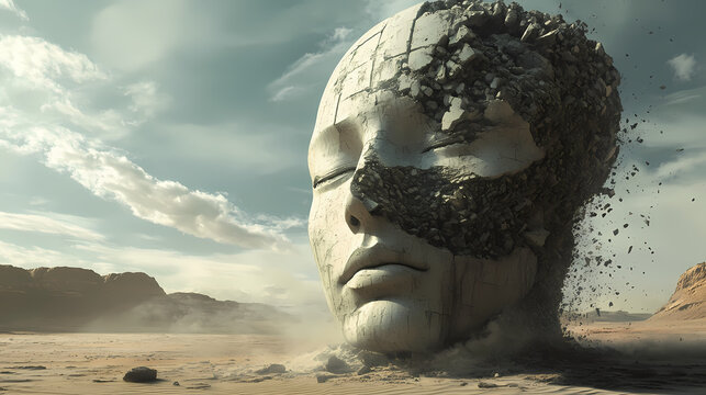 A crumbling statue of a human head in the middle of a desolate desert, symbolizing mental destruction. [Corroded Realms] | Crumbling Statues | broken forms. Illustration