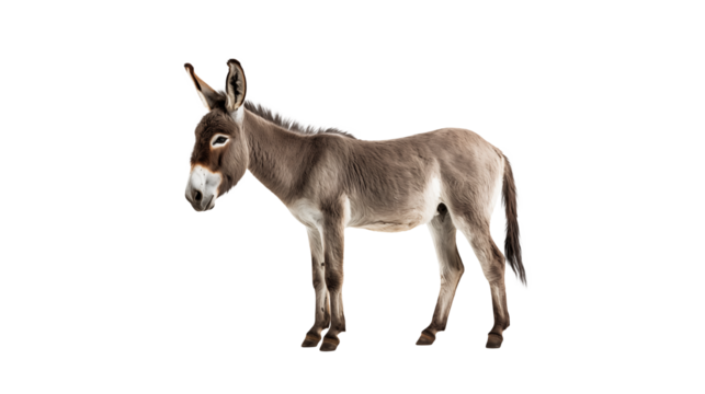 Full body view of a gray donkey standing in a side profile position isolated on transparent background	