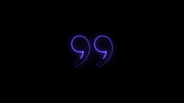 glowing neon double-quotes icon animation black background. 4K Video motion graphic animation.