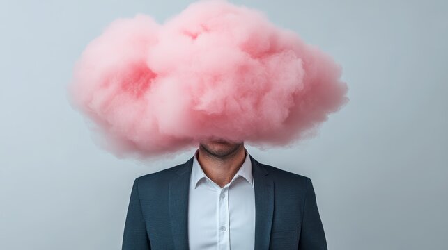 Man with Pink Cloud Over His Head - Conceptual Image of Confusion, Dreaminess, or Uncertainty