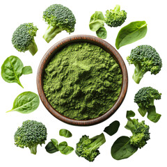 Exploring broccoli powder's nutritional benefits in food photography. Isolated on transparent background, png.