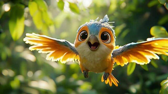 Happy animated bird in flight