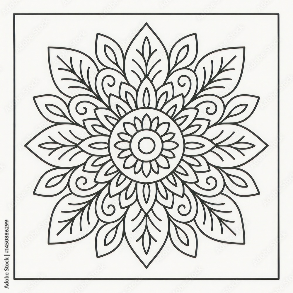 Poster an elegant, symmetrical floral design with intricate line work creating a harmonious pattern, perfec